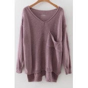 Casual V-neck Drop Sleeve Pocket Front Dip Hem Sweater with Hollow