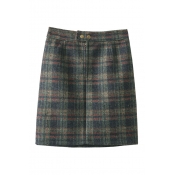 High Rise Double Buttons Woolen Plaid Mini Skirt