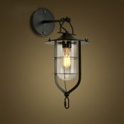 Vintage Nautical Style 1 Light Metal Wall Sconce With Cage In Black