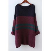 Striped Color Block Round Neck Curling Long Sleeve Knitted Tunic Sweater