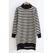 Slim Striped Contrast Trim High and Low Hem Tunic Sweater with Long Sleeve