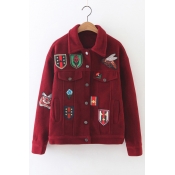 Stylish Animal Embroidery Single Breasted Lapel Woolen Jacket