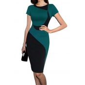 Women's Elegant Color Block Wear to Work Business Stretch Pencil Dress