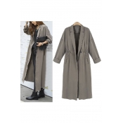 Women Long Trench Coats Autumn Winter Casual Loose Lapel Coat Long Sleeve Open Drawstring Waist Outerwear