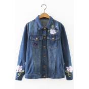 New Arrival Fashion Floral Embroidery Lapel Denim Jacket Coat