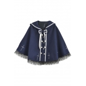 Stylish Lace Trim Cape Coat with Bow Front