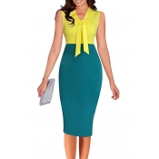 Women's Chic Color block V-Neck Sleeveless Office Pencil Dress
