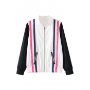 Striped Color Block Long Sleeve Stand Collar Zip Up Baseball Jacket