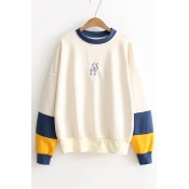 Popular Color Block Sleeve Round Neck Pullover Sweatshirt with Embroidery Detail