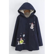 Hooded Single Breasted Embroidery Snowmen Pattern Tunic Coat with One Pocket