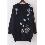 V-Neck Star Sequined Print Long Sleeve Pullover Women's Sweater