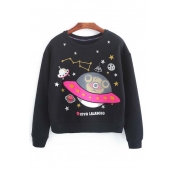 Fashion Preppy Style UFO Print Pullover Sweatshirt with Long Sleeve
