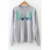 Round Neck Sequined Peacock Print Pullover Knit Sweater