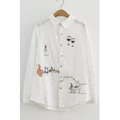 New Stylish Lapel Embroidery Cartoon Pattern Single Breasted Button Down Shirt