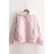 Contrast Hooded Embroidery Letter in Back Zipper Plain Coat
