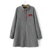 New Letter Embroidery Plaid Long Sleeve Dress with Peter Pan Collar