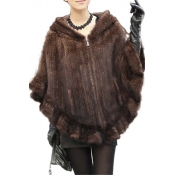 Women's Real Mink Fur Zipper Cape Cloak Poncho Shawl With Hooded