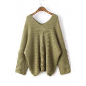 Casual Loose V-Neck Batwing Long Sleeve Plain Sweater