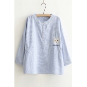Striped Embroidery Cats Pattern Long Sleeve Button Down Top with Round Neck