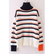 New Arrival Striped High Neck Dropped Long Sleeve Contrast Cuffs Sweater