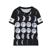 New Letter Moon Print Short Sleeve Tee with Round Neck