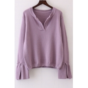 Fashion Split Bell Long Sleeve V-Neck Plain Pullover Sweater