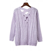 Women's Loose Long Sleeve Cross Back Cable Ribbed Knit Sweater