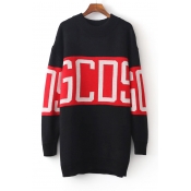 Round Neck Letter Print Contrast Pullover Sweater