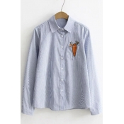 Striped Plain Embroidery Pocket Rabbit Carrot Single Breasted Lapel Button Down Shirt