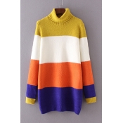 High Neck Colorful Stripe Color Block Pullover Sweater