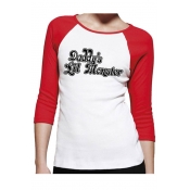 Contrast Raglan 3/4 Length Sleeve Letter Print T-Shirt with Round Neck