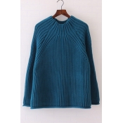 Loose Half High Neck Plain Pullover Sweater with Long Sleeve