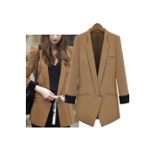OL Style Notched Lapel Contrast Cuffs Open-Front Blazer
