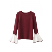 Stylish Color Block Bell Sleeve Round Neck Sweater