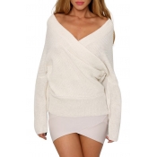 Women's V Neck Off Shoulder Knitted Wrap Sweater Pullover