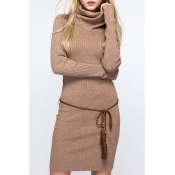 Slim Fashion High Neck Plain Midi Sweater Dress with Long Sleeve