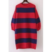 Loose Stripe Print Puff Sleeve Round Neck Women's Sweater Dress
