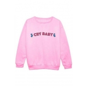 CRY BABY Letter Print Pullover Sweatshirt with Round Neck Long Sleeve