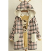 Sweaty Plaid Contrast Pockets Hooded Lace Trim Single Breasted Coat