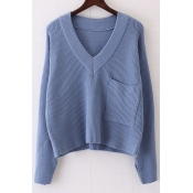 New Loose V-Neck Plain Long Sleeve Sweater with One Pocket