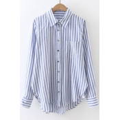 Fall New Arrival Vertical Striped Lapel Single Breasted High and Low Tunic Button Down Shirt