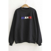 FRANCE Embroidery Pattern Elastic Trim Pullover Sweatshirt with Long Sleeve