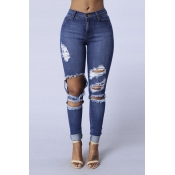 Fashion Distressed Knee Folded Cuff Bodycon Jeans