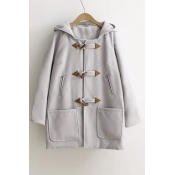Hooded Plain Single Breasted Raglan Long Sleeve Tunic Coat with Two Pocket