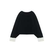 Loose Pullover Color Block Long Sleeve Round Neck Women's Sweater