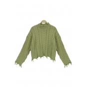 Long Sleeve Petal Neck Asymmetrical Hem Women's Pullover Cable Knit Sweater