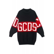 Letter Print Long Sleeve Color Block Women's Loose Pullover Sweater
