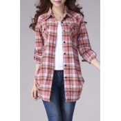 Women's Mid-Long Style Roll-Up Sleeve Plaid Shirt