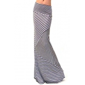 Womens Maxi Skirt Striped Print High Waist Beach Girl's A-line Skirt