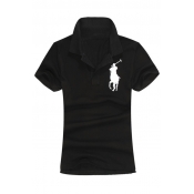 Women's Cotton V Neck Polo Short Sleeve Horse Print Casual Tops Tshirt